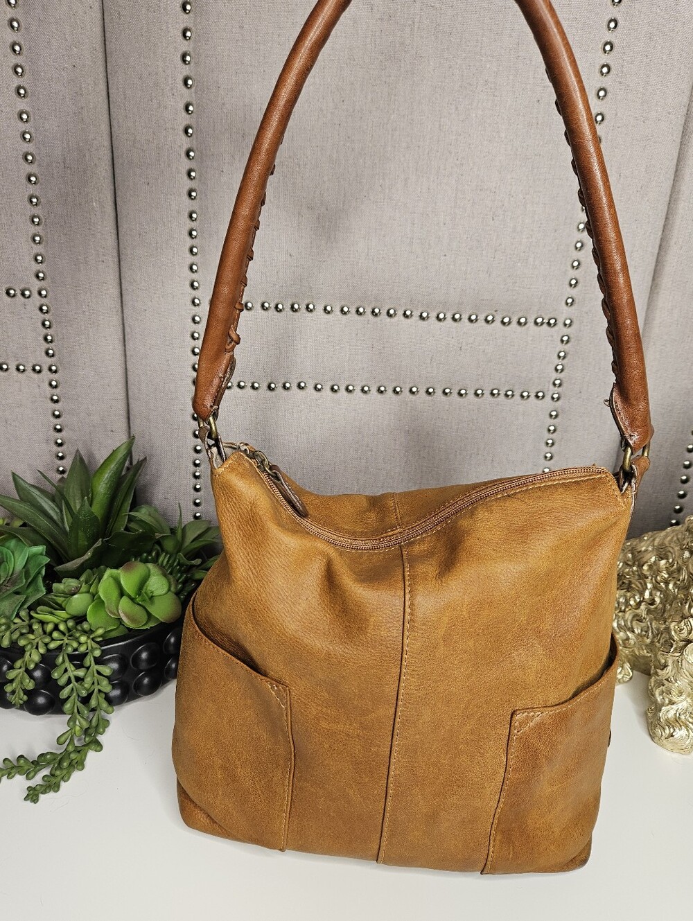 Sundance Italian Leather Hobo Shoulder Bag Cognac Brown